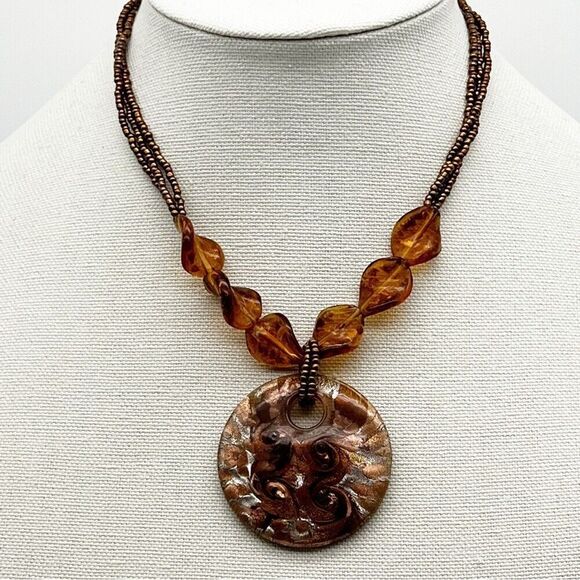 MIXIT Multi Strand Copper Seed Bead Amber Swirl Glass Pendant Necklace 16” - Picture 1 of 11